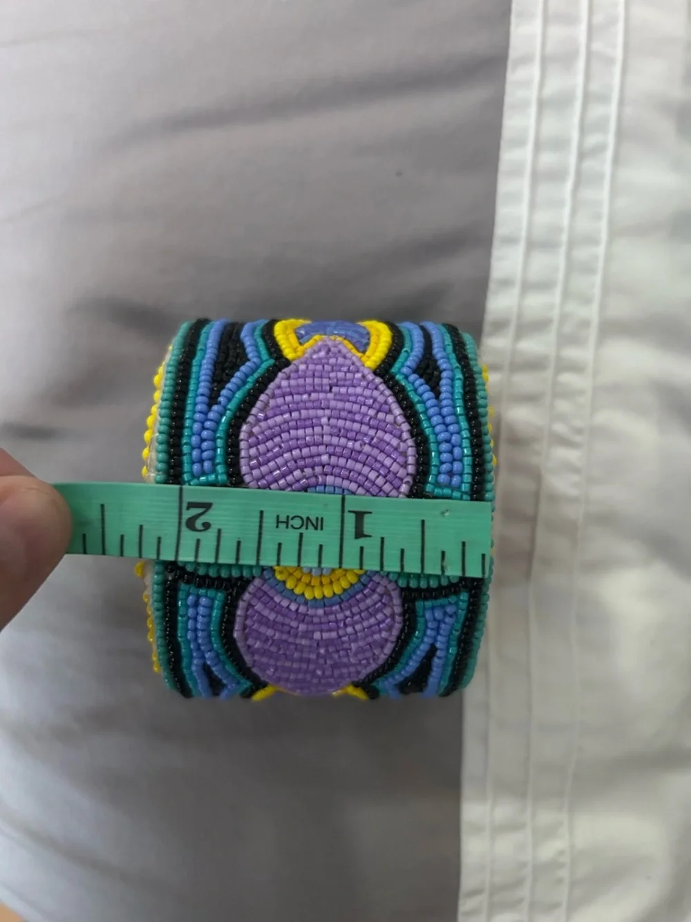 Handmade Adjustable Beaded Floral Cuff Bracelet - Purple & Yellow - Picture 9 of 9